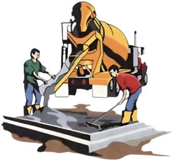 Reyes Brothers logo illustration: two workers pouring concrete from a mixer truck